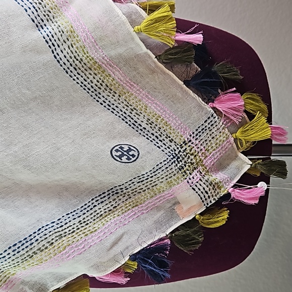 Tory Burch | NWT Women's Wool Tassel Fringe Embroidered Blanket Stitch Scarf - Picture 3 of 11